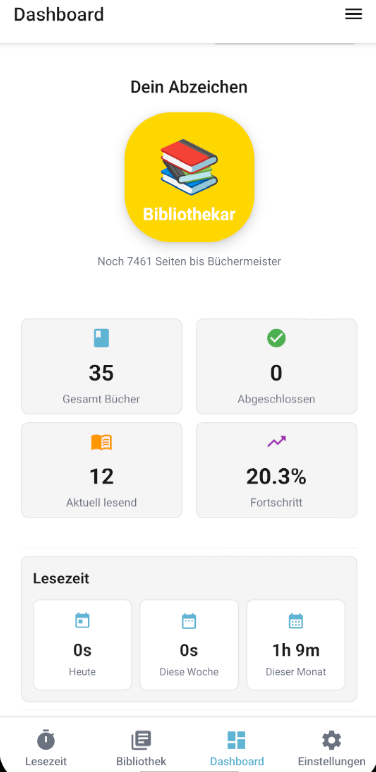 Lemia Dashboard auf Android: Abzeichen Fortschritt, Kennzahlen zu Büchern und Lesezeit sowie untere Navigation.